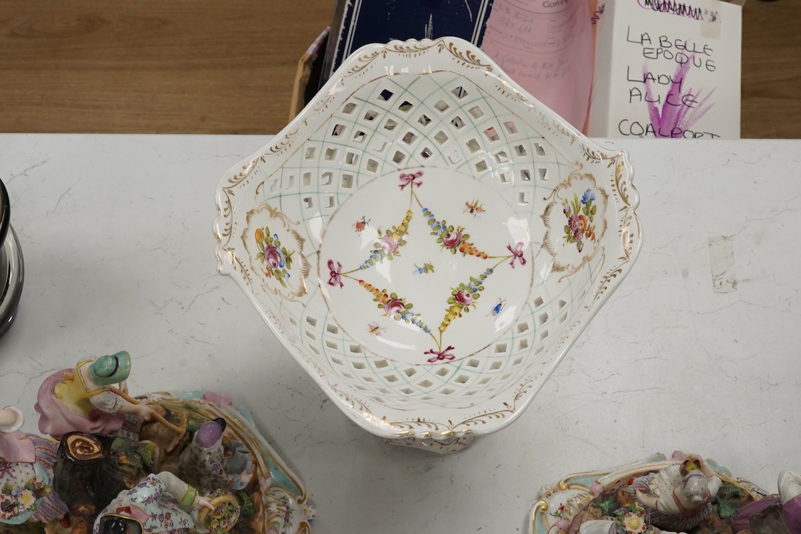 A pair of German porcelain figure groups, late 19th century and a Dresden centrepiece bowl-29cm high